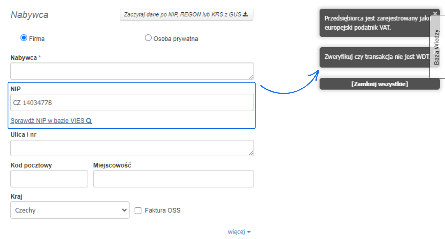 Formularz danych nabywcy z wypełnionym polem NIP (CZ 14034778) i komunikatem 'Przedsiębiorca jest zarejestrowany jako europejski podatnik VAT. Zweryfikuj czy transakcja nie jest WDT'.
