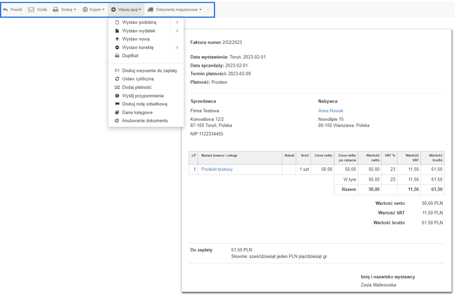 Podgląd faktury w Fakturownia.pl z menu opcji dodatkowych, dokument zawierający dane sprzedawcy, nabywcy oraz szczegóły zamówienia i płatności.