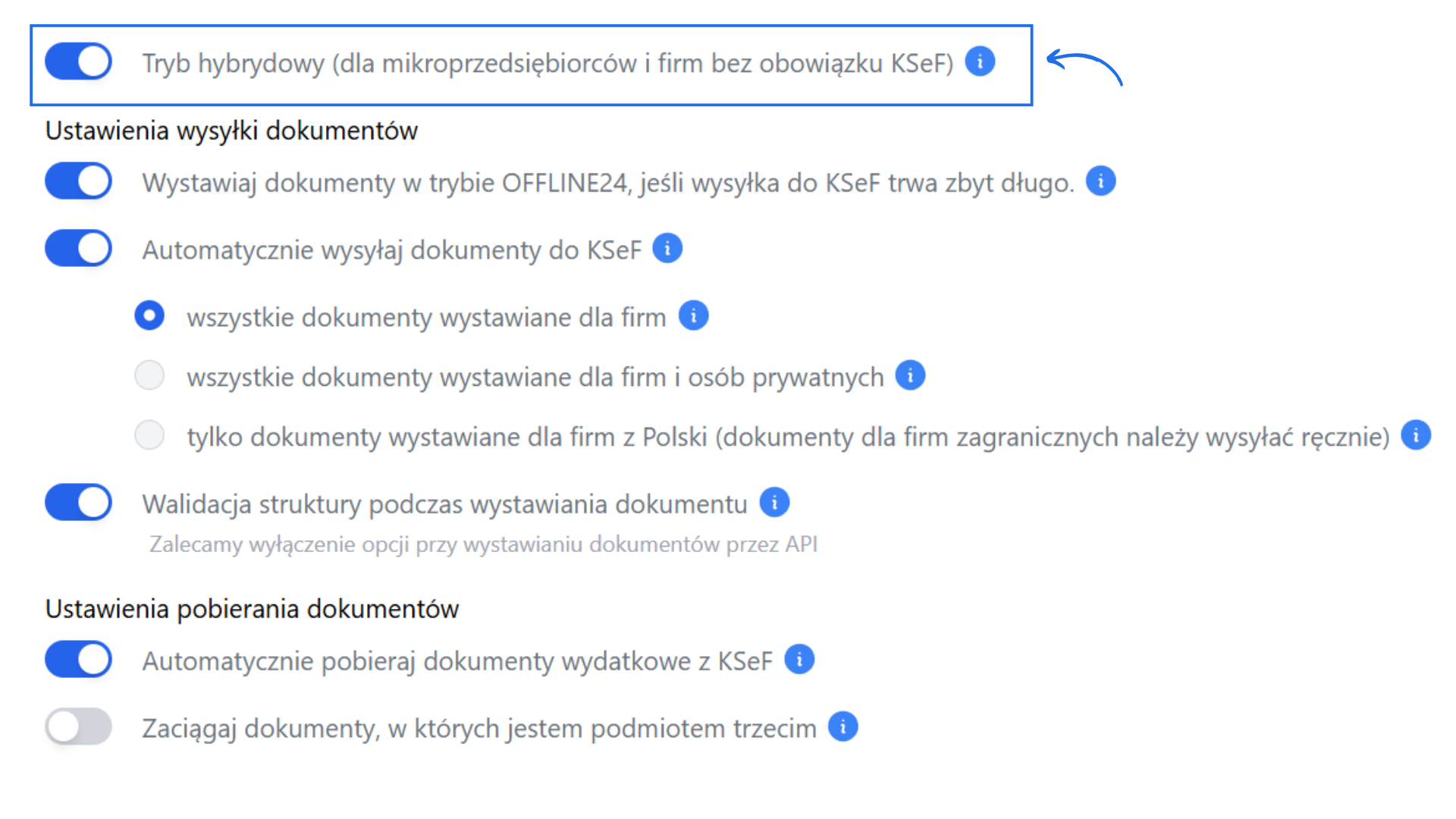Ustawienia KSeF tryb hybrydowy i opcje wysyłki oraz pobierania dokumentów z przełącznikami konfiguracji.