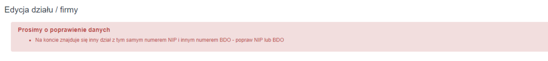 Komunikat o błędzie wymagający poprawienia danych firmy w tym numeru BDO lub NIP.