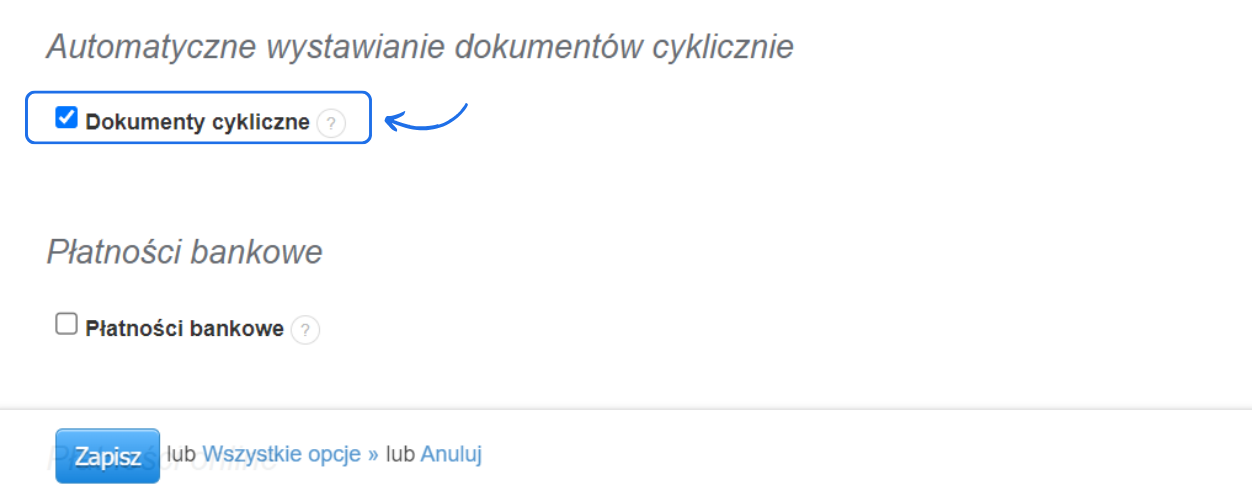 Sekcja ustawień konta w systemie do fakturowania online z aktywną opcją dokumentów cyklicznych.