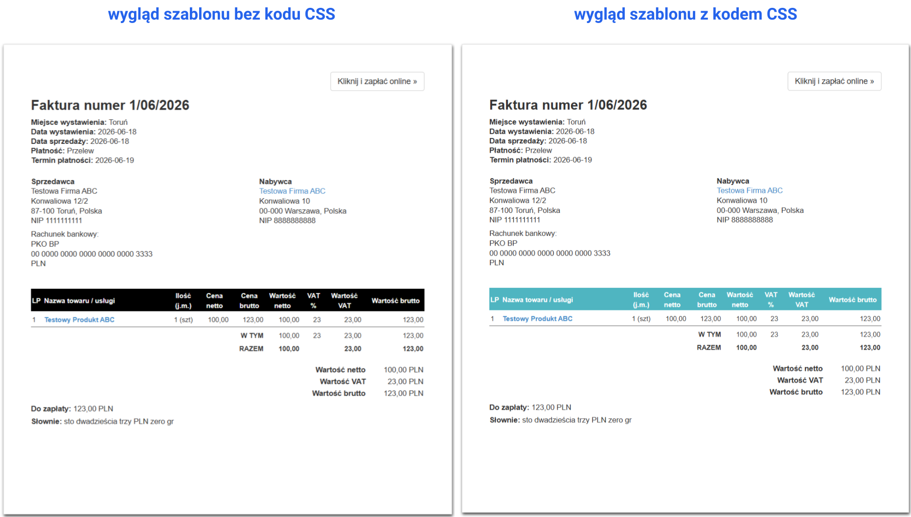 Porównanie wyglądu wydruku faktury w szablonie plain black z wykorzystaniem kodu CSS do zmiany koloru nagłówka tabeli.