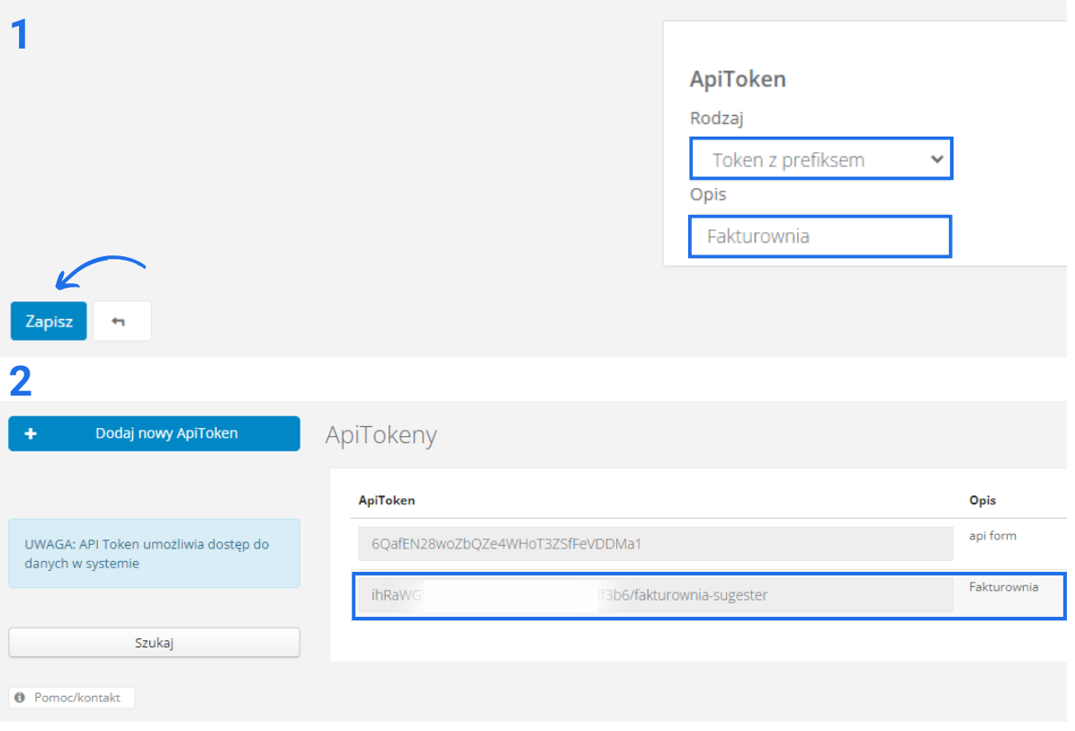 Ustawienia systemu Sugester z możliwością wygenerowania tokenu APi z prefiksem niezbędnego do integracji systemu z kontem w Fakturowni.