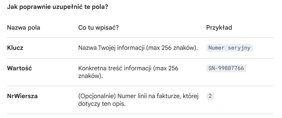 Przykład zastosowania dodatkowego opisu w schemie KSeF z uwzględnieniem uzupełnionej wartości dla numeru wiersza, klucza i wartości.
