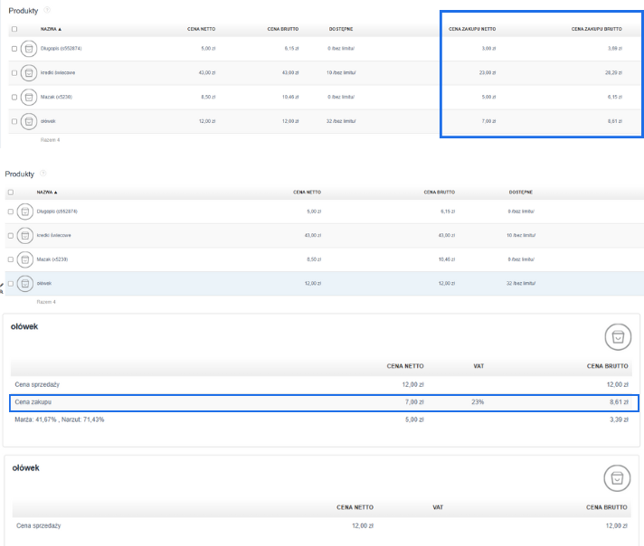 Widok porównujący dostęp do cen zakupu produktów – u góry widoczna cena zakupu, na dole widok z ograniczonym dostępem bez tej informacji.