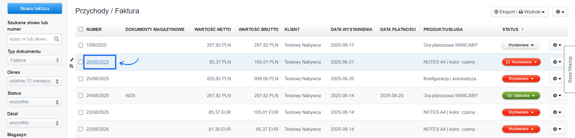 List faktur wystawionych na koncie w systemie do fakturowania online z wybraną fakturą o numerze 26/08/2025.
