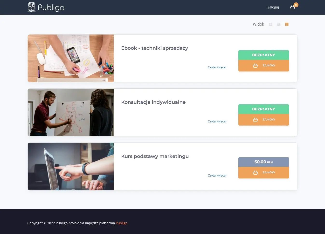 Strona Publigo oferująca ebook o technikach sprzedaży, konsultacje indywidualne oraz kurs podstaw marketingu, dostępne bezpłatnie i za 50 PLN.