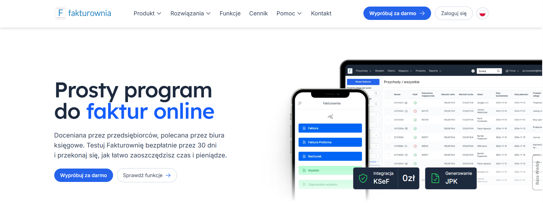Strona główna Fakturowni z przyciskami 'Wypróbuj za darmo' i 'Zaloguj'. Prosty program do faktur online.