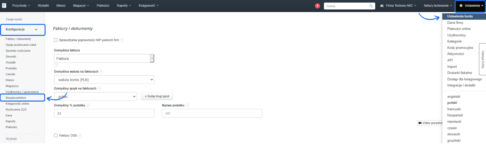 Ekran konfiguracji ustawień konta z zaznaczonymi opcjami faktur i dokumentów oraz bezpieczeństwa w panelu zarządzania.