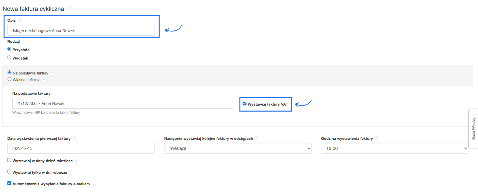 Ustawienia cyklu na podstawie proformy za usługę marketingową, który ma wystawiać faktury VAT w odstępach miesięcznych.