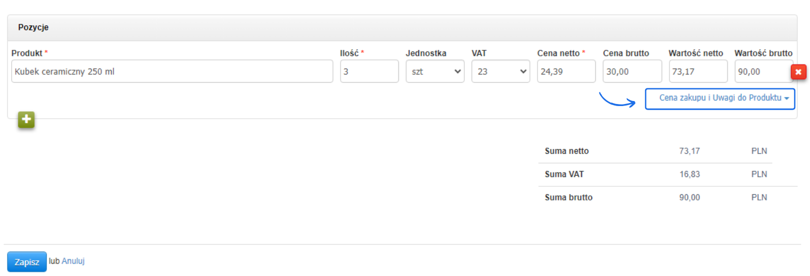 Formularz pozycji dokumentu WZ z wypełnionymi danymi produktu i przyciskiem „Cena zakupu i Uwagi do Produktu” umożliwiającym dodanie dodatkowych informacji.