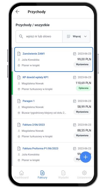 Ekran aplikacji mobilnej Fakturowni z listą dokumentów sprzedażowych, w tym zamówień, faktur i paragonów, z opcją filtrowania i edycji.