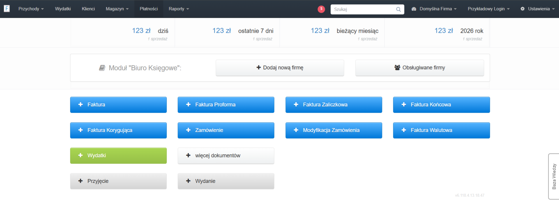 Strona główna konta w systemie Fakturownia z aktywnym modułem dla biura księgowego i dostępnymi opcjami 'dodaj nową firmę' i 'obsługiwane firmy'.