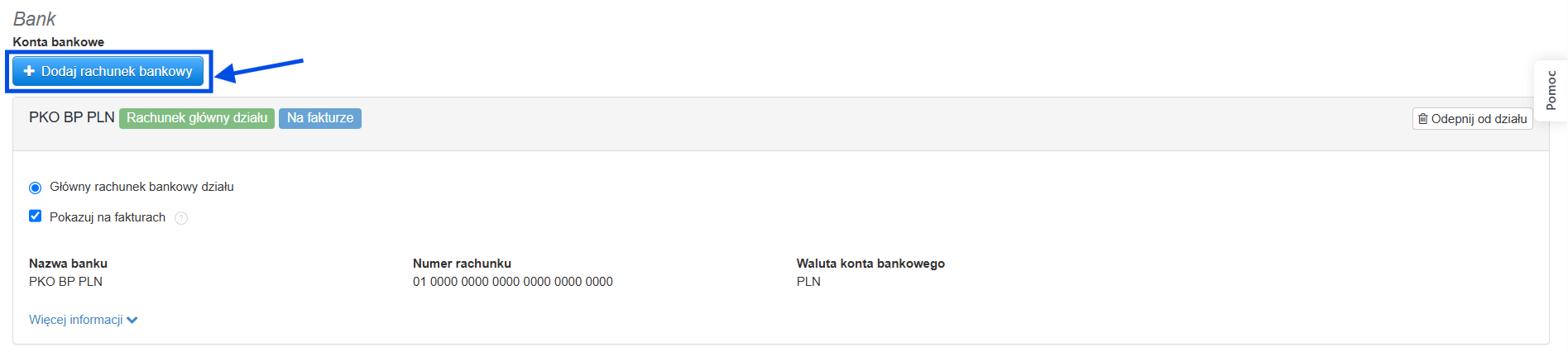 Sekcja Bank w ustawieniach działu z przypisanym rachunkiem bankowym i przyciskiem dodania kolejnego rachunku.