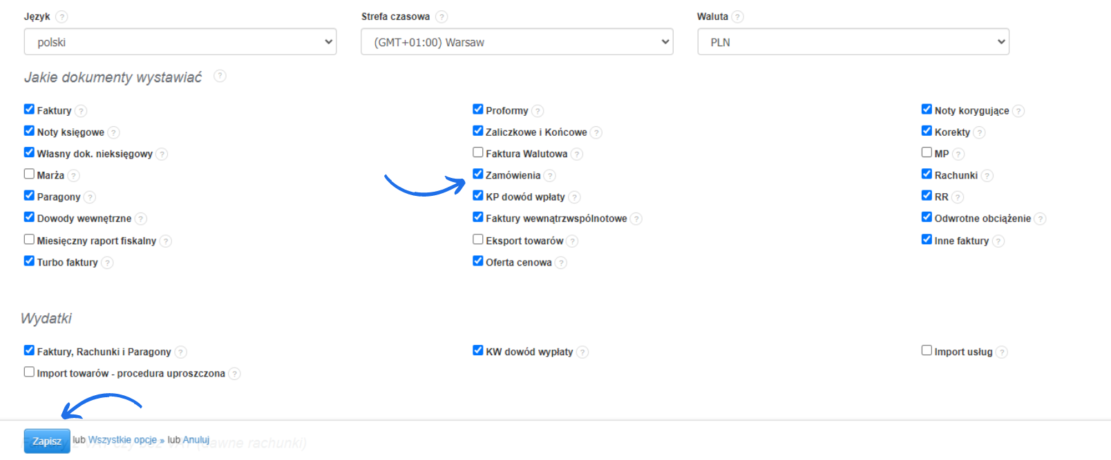 Ustawienia dokumentów w Fakturowni, aktywacja opcji zamówienia i zapis zmian w aplikacji do fakturowania online.