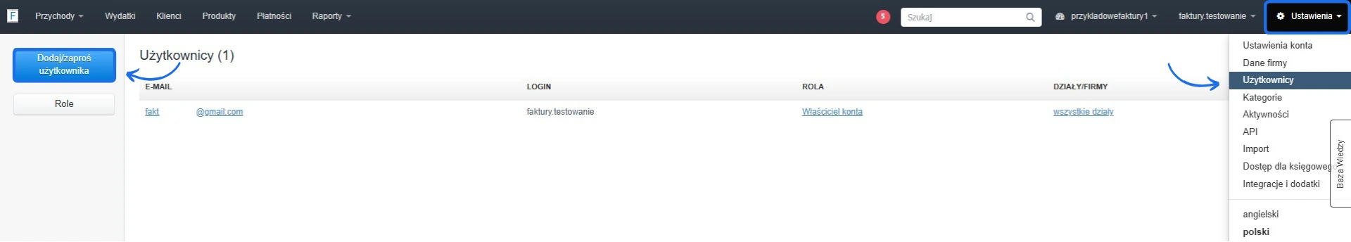 Panel ustawień konta w Fakturowni z widoczną listą użytkowników i zaznaczoną opcją „Dodaj/zaproś użytkownika” oraz sekcją „Użytkownicy” w menu.