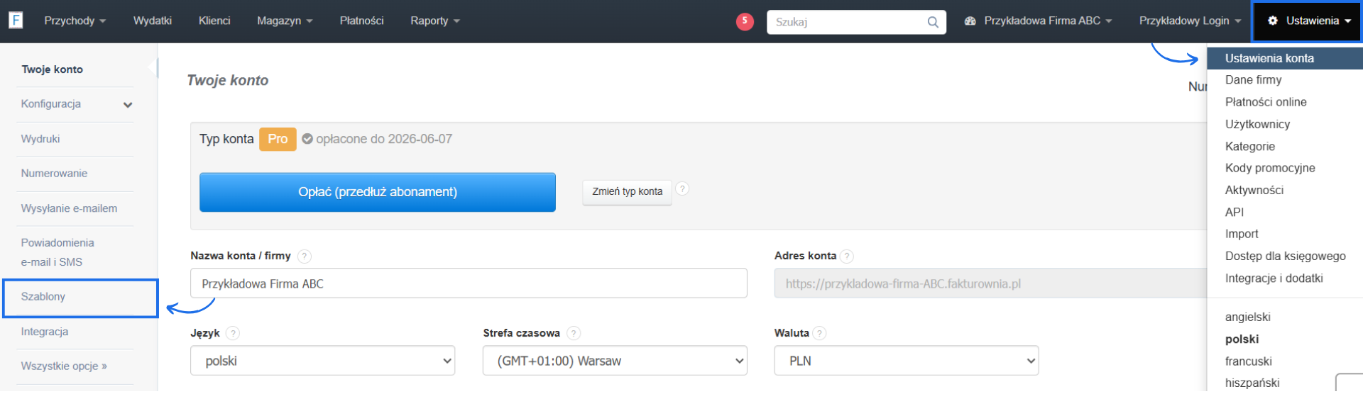 Ustawienia konta w systemie Fakturownia z podstawowymi informacjami o koncie, jak aktywny plan i typu dokumentów oraz aktywną zakładką szablonów.