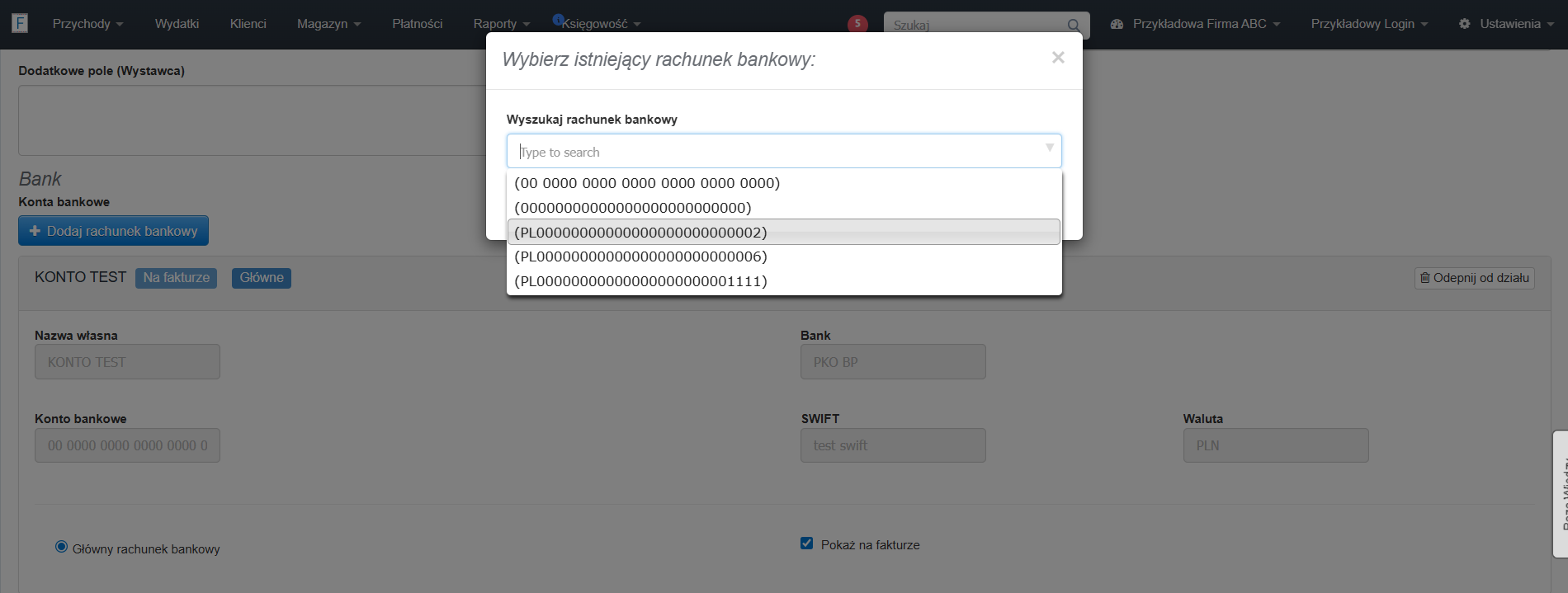 Formularz dodwania/tworzenia konta bankowego z poziomu tworzenia działu lub firmy.