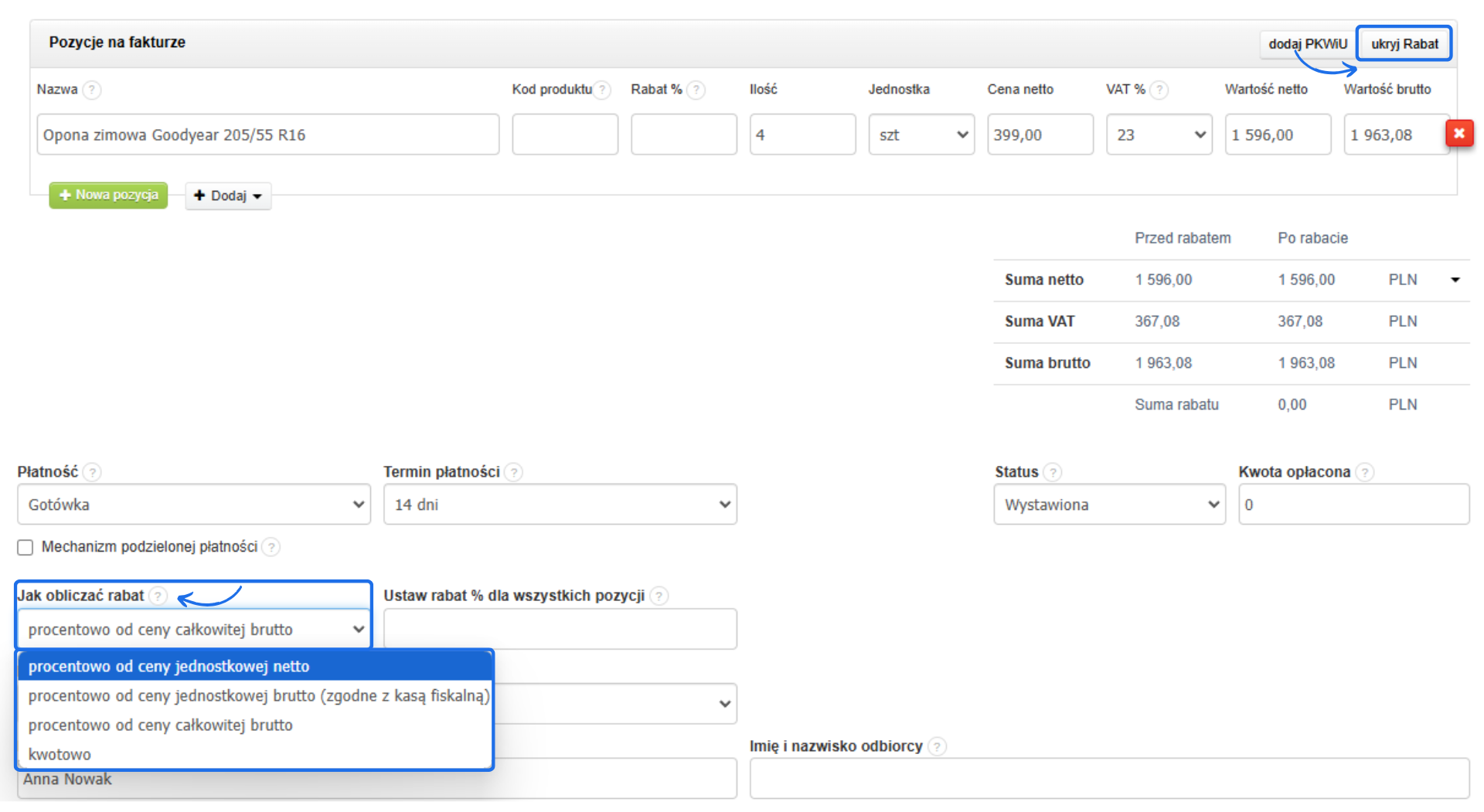 Formularz wystawiania faktury w Fakturowni. Rozwinięta lista metod obliczania rabatu, opcja ‘procentowo od ceny jednostkowej netto’ oraz przycisk ‘ukryj Rabat’.
