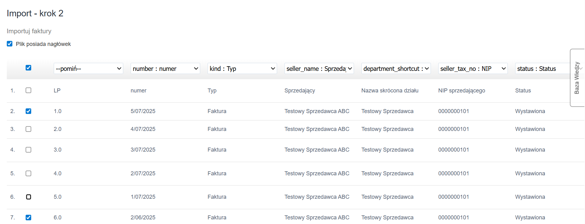 Lista faktur do zaimportowania w kroku 2 z masowo oznaczoną grupą faktur do pominięcia w imporcie.