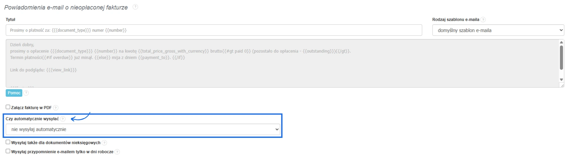 Aktywacja i konfiguracja automatycznej wysyłki powiadomień e-mail dla faktur, dla których minął termin płatności.
