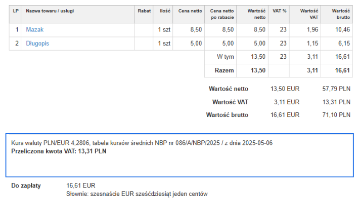 Tabela faktury zawierająca ceny w EUR, z przeliczeniem VAT na PLN po kursie NBP 4,2806 z dnia 2025-05-06.