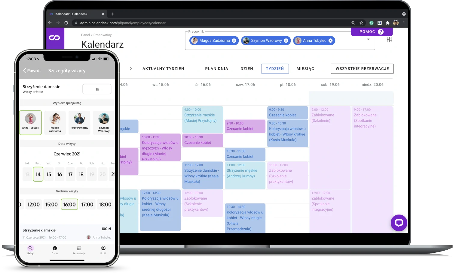 Widok panelu rezerwacji wizyt w aplikacji Calendesk, pokazujący kalendarz i wybór usług, takich jak strzyżenie damskie i koloryzacja.