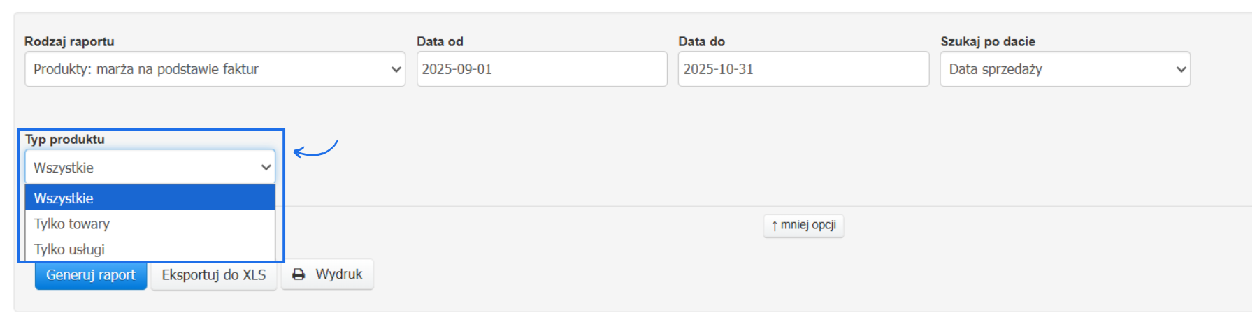 Formularz generowania raportu produktowego, który wskazuje marżę na podstawie faktur z aktywną opcją wyboru typu produktu: wszystkie, tylko towary, tylko usługi.