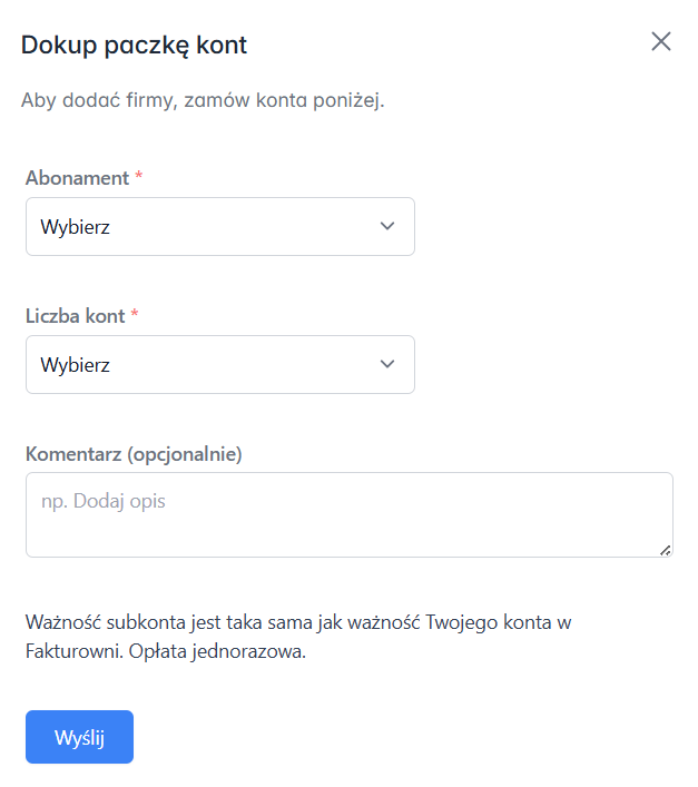 Formularz złożenia zamówienia na paczkę kont w module dla biur księgowych.