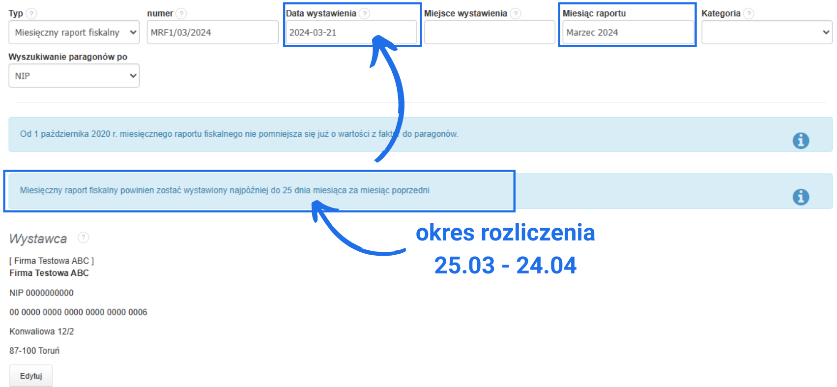 Formularz miesięcznego raportu fiskalnego za marzec 2024 z datą wystawienia 21.03.2024 i wskazanym okresem rozliczenia 25.03–24.04.