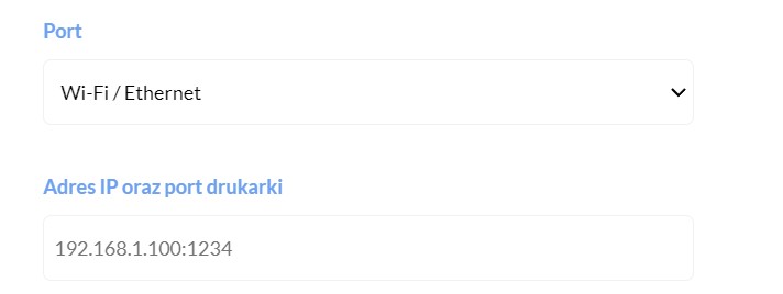 Widok aplikacji modułu Paragony.pl z polem do wpisania adresu IP oraz portu z widokiem domyślnym z aplikacji.