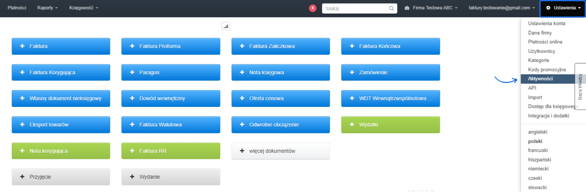 Ekran z widokiem na różne opcje dokumentów w aplikacji fakturowej, z rozwiniętym menu 'Ustawienia' i wybraną zakładką 'Aktywności'.
