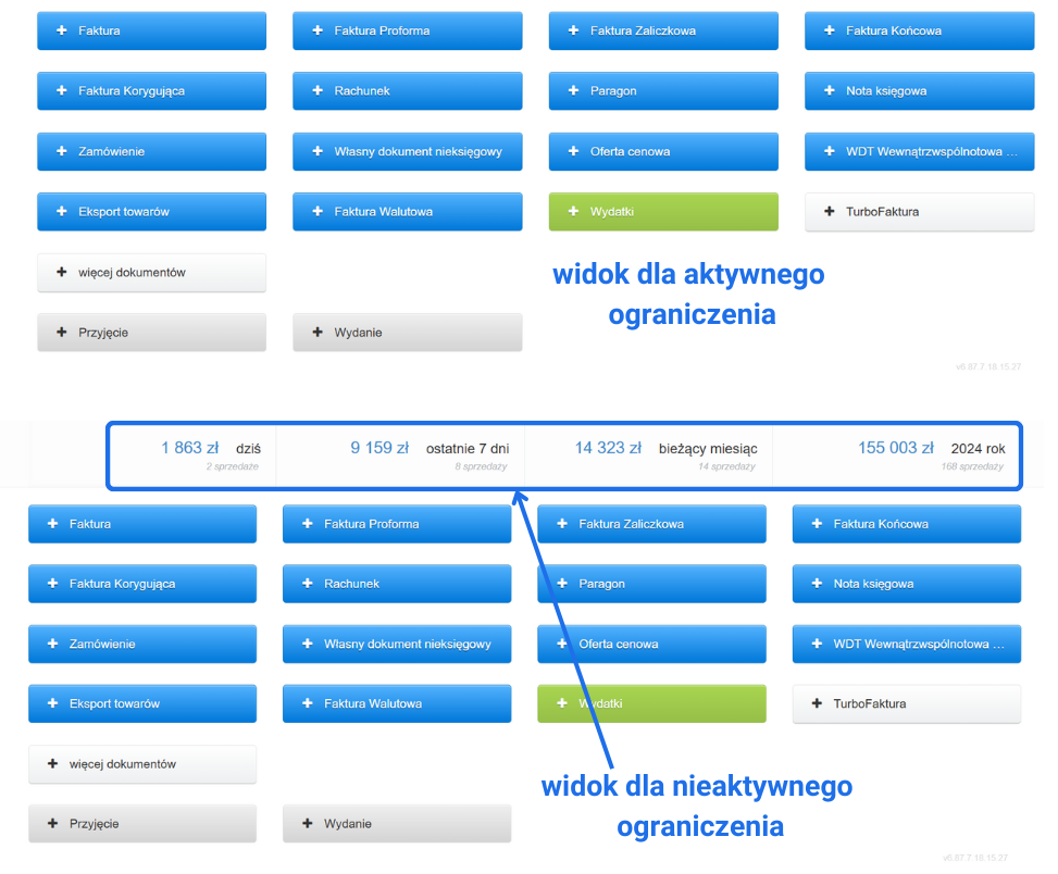 Porównanie widoków z aktywnym i nieaktywnym ograniczeniem widoczności statystyk sprzedaży w systemie fakturowania online.