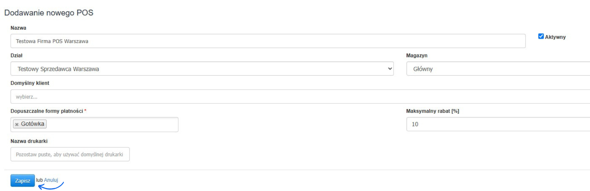 Formularz dodawania nowego punktu sprzedaży (POS) w systemie fakturowania. Zaznaczone pola nazwy, działu, magazynu i metody płatności.