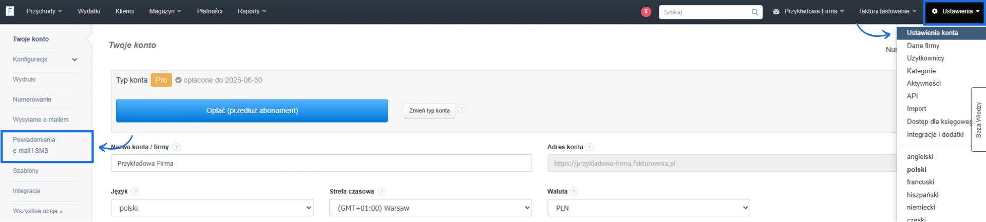 Ustawienia systemu do fakturowania z możliwością konfiguracji powiadomień o niepłaconej fakturze za pomocą e-maila oraz SMS.