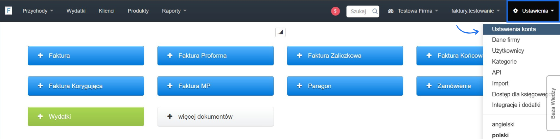 Ustawienia konta w systemie do fakturowania z możliwością wystawienia dokumentów za pomocą kafelków dostępnych bezpośrednio z poziomu striny głównej konta.