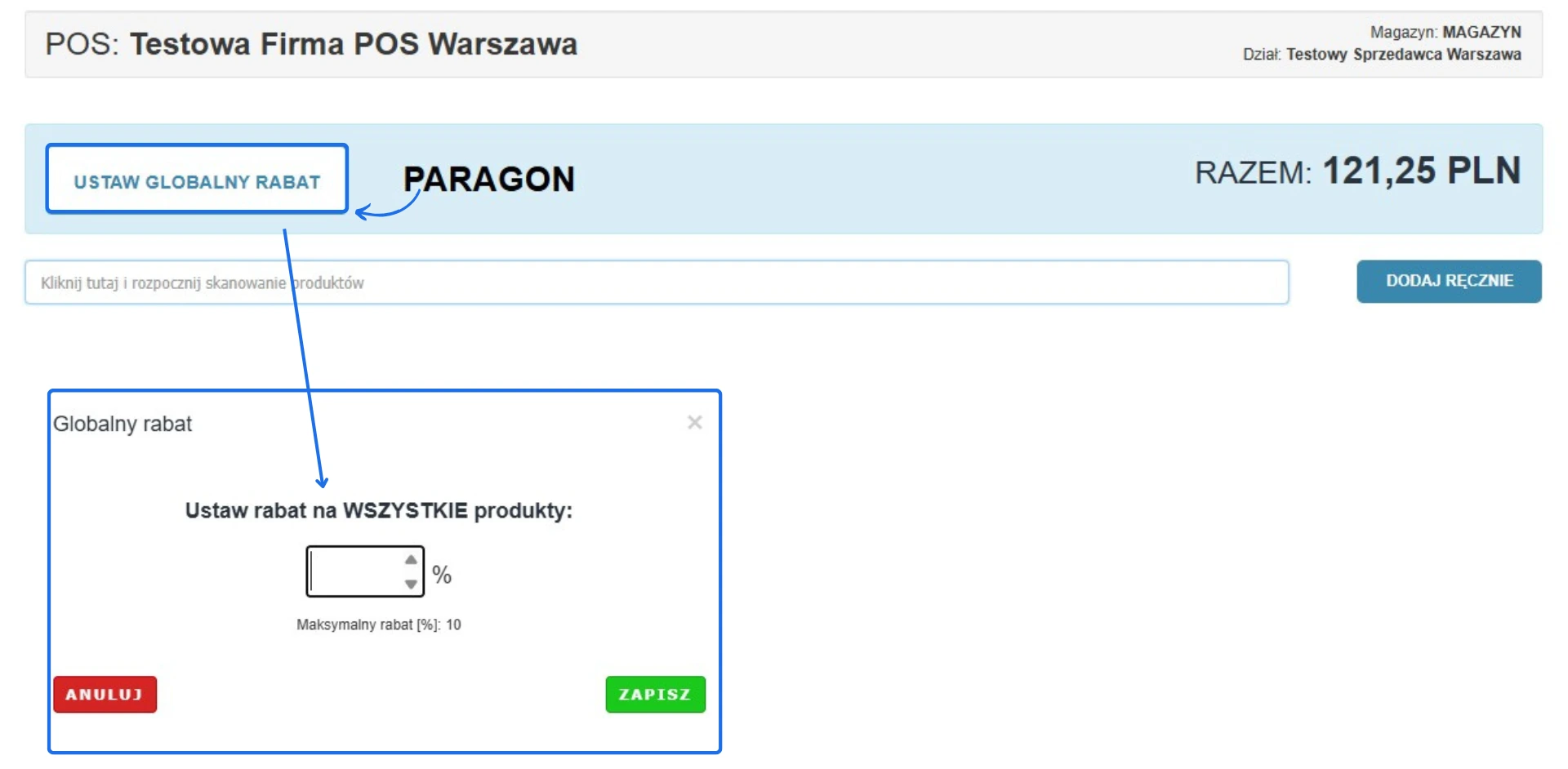 System POS – ustawienie globalnego rabatu na wszystkie produkty, maksymalna zniżka 10%.