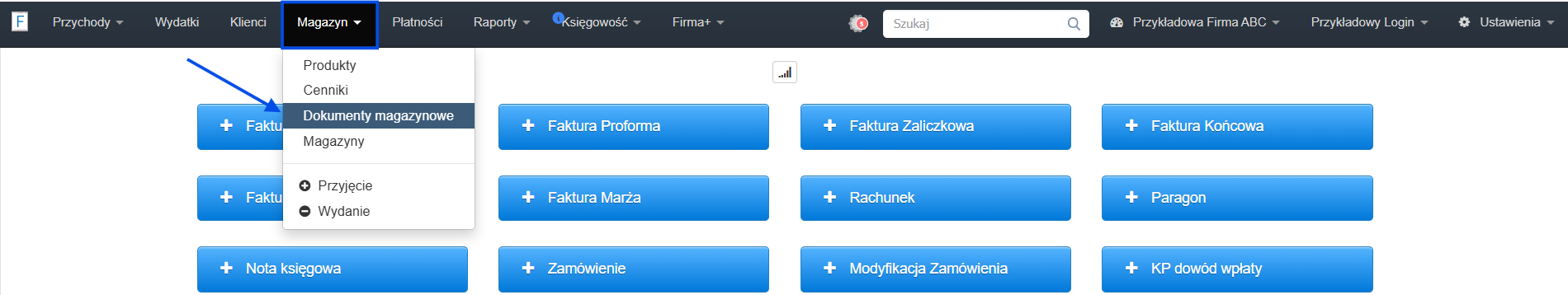 Panel główny systemu Fakturownia z aktywną zakładką magazyn i dostępem do listy dokumentów magazynowych.