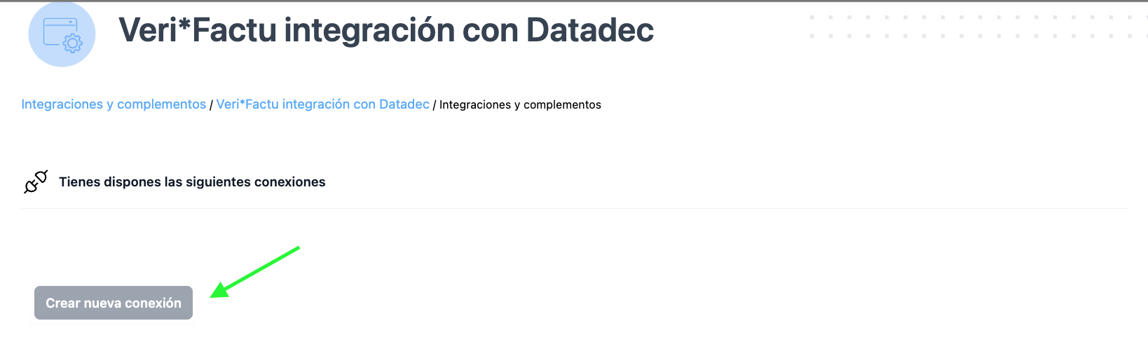 Botón Crear nueva conexión en la ventana de ajustes de la integración Verifactu