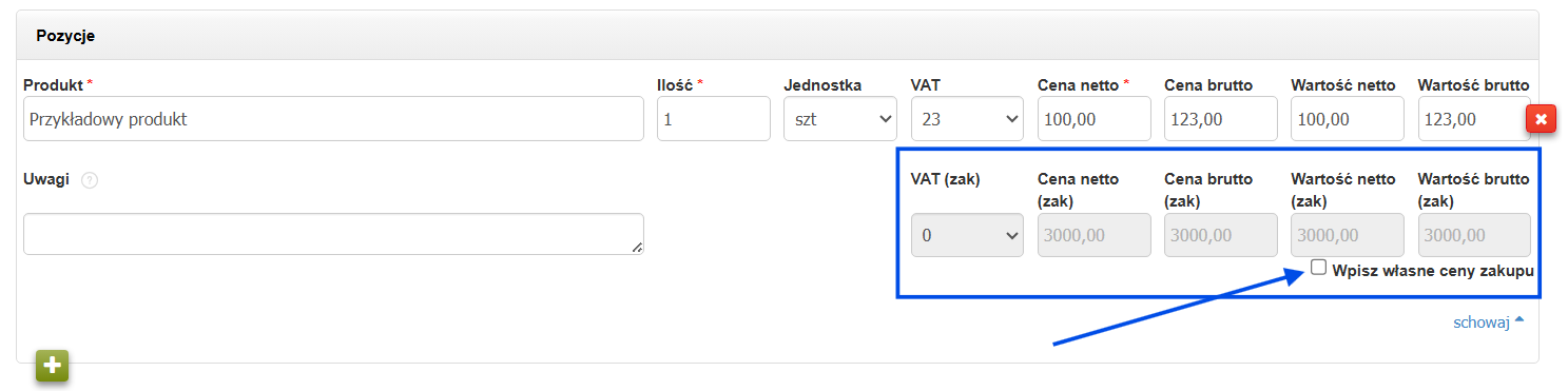Podgląd pozycji na dokumencie magazynowym WZ z opcją wprowadzenia własnych cen zakupu.