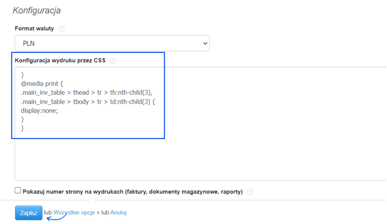 Konfiguracja wydruków przez CSS z przykładowym kodem CSS.