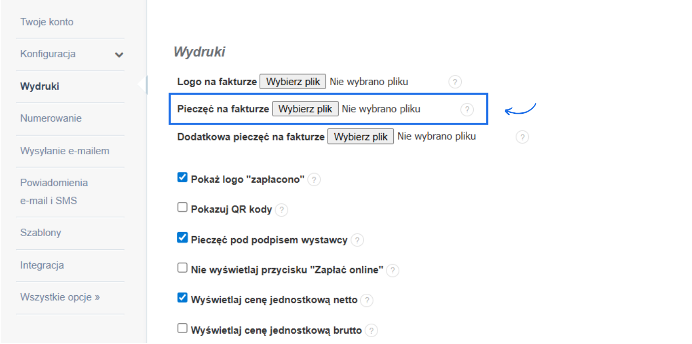 Ustawienia wydruków w systemie Fakturownia z możliwością wgrania plików graficznych takich jak logo czy pieczęć na fakturze.