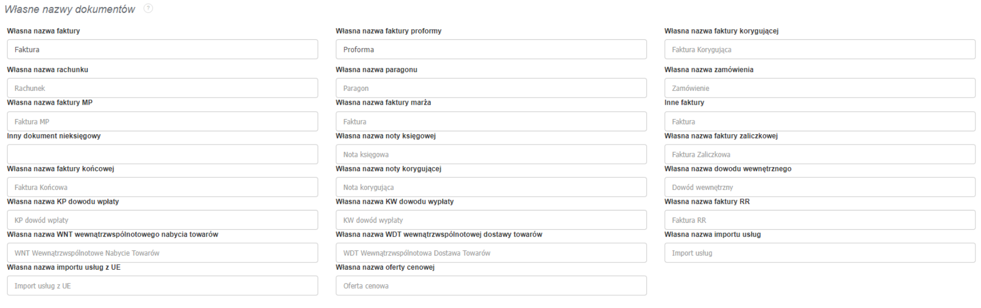 Sekcja konfiguracji własnych nazw dokumentów w systemie fakturowym, umożliwiająca edycję nazw faktur, paragonów, not i innych dokumentów.