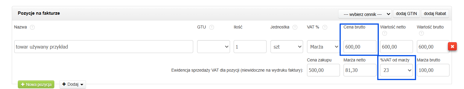 Automatycznie wyliczona wartość marży netto i kwota VAT po wskazaniu stawki na fakturze VAT marża w Fakturowni