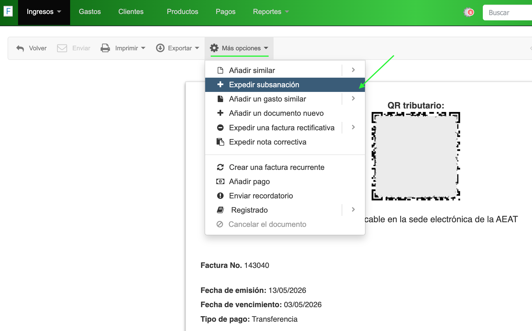 Menú de opciones de factura con la opción Expedir Subsanación en BitFactura