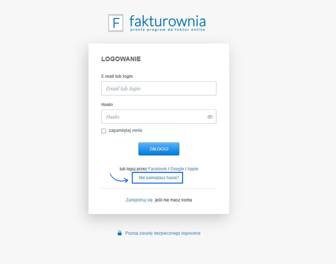 Formularz logowania do systemu Fakturownia z aktywną opcją przywrócenia hasła do logowania za pomocą opcji 'Nie pamiętasz hasła' w przypadku problemów z logowaniem.