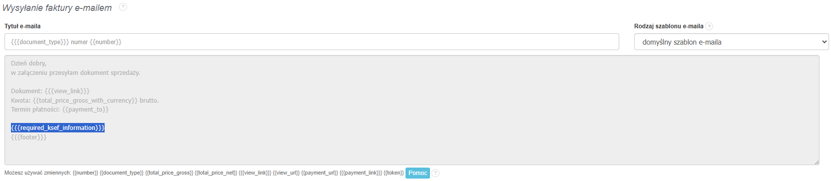 Podgląd domyślnego szablonu e-maila z fakturą, zawierającego zmienną {{ksef_id}} dla numeru KSeF.