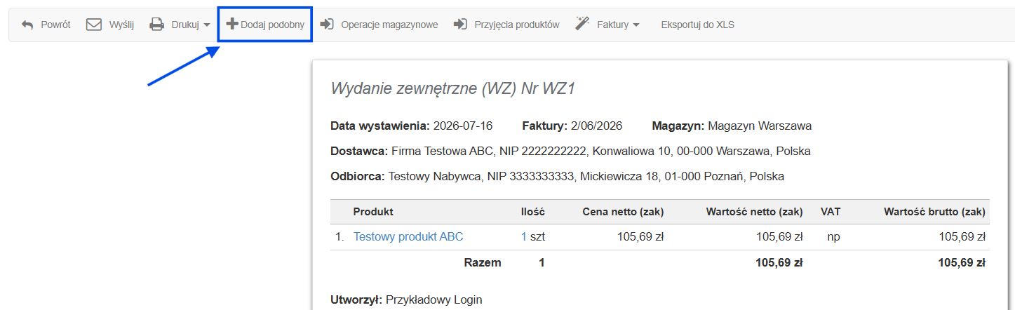 Dokument wydanie zewnętrzne z opcją wystawienia podobnego dokumentu.
