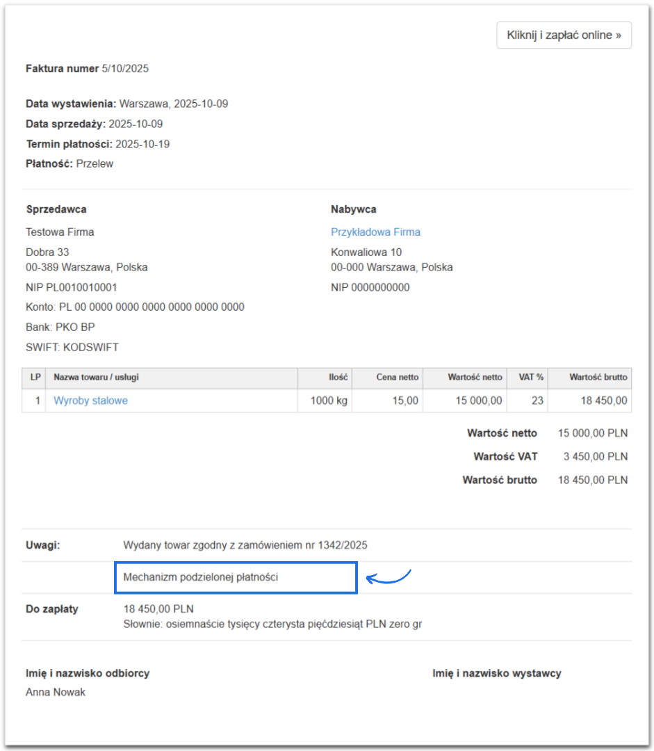 Faktura sprzedażowa dla przykładowej firmy na wyroby stalowe z adnotacją wskazującą na mechanizm podzielonej płatności.