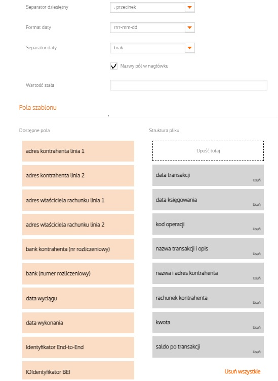 Ustawienia szablonu importu danych transakcji w systemie bankowym, wybór pól takich jak adres kontrahenta, data transakcji, saldo, kwota